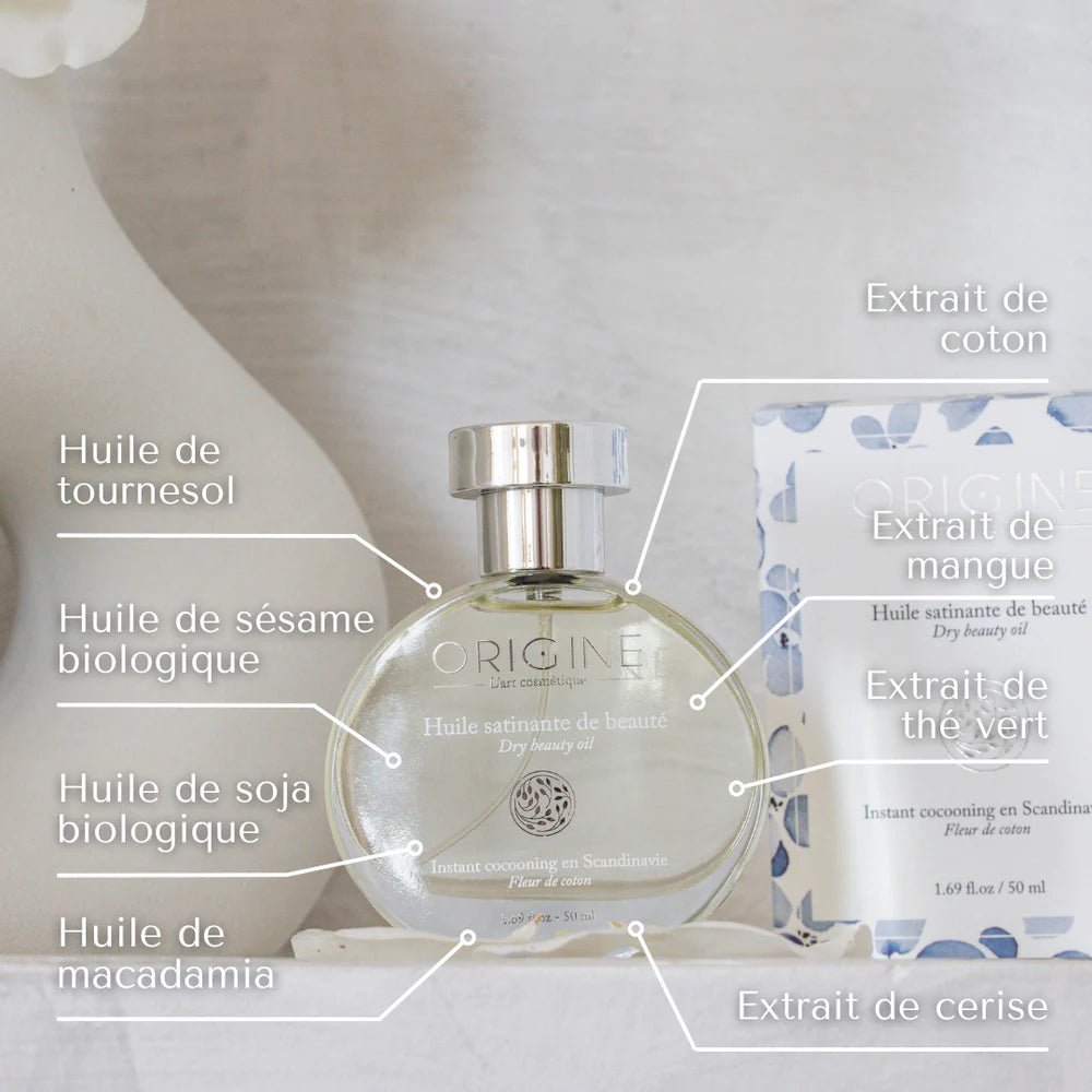Huile satinante de beauté à la Fleur de Coton - Origine Cosmétiques Belgique Luxembourg